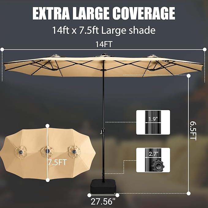 LEVELEVE 14FT Large Patio Patio Umbrella with Base & Solar LED Lights - Double-Sided,Kahaki