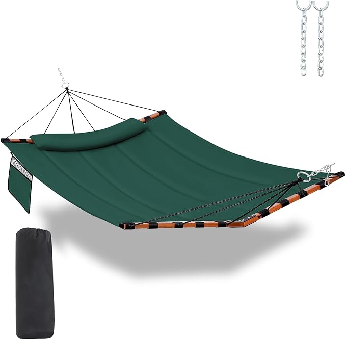 12FT 2 Person Hammock TegerDeger Large Hammock 450LB Capacity with V Shaped Hardwood Spreader Bar & Nylon Rope for Outside, Patio, Garden, Backyard, Beach, Poolside - Dark Green