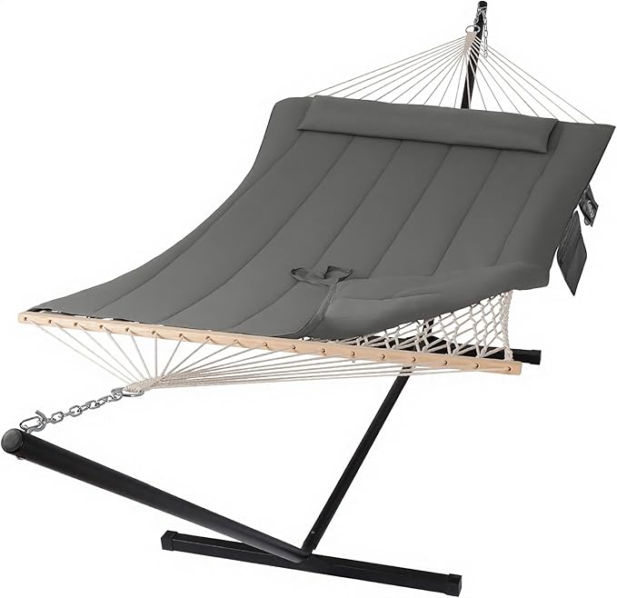SUNCREAT Double Outdoor Hammock with Stand, Two Person Cotton Rope Hammock with Polyester Pad, Dark Gray