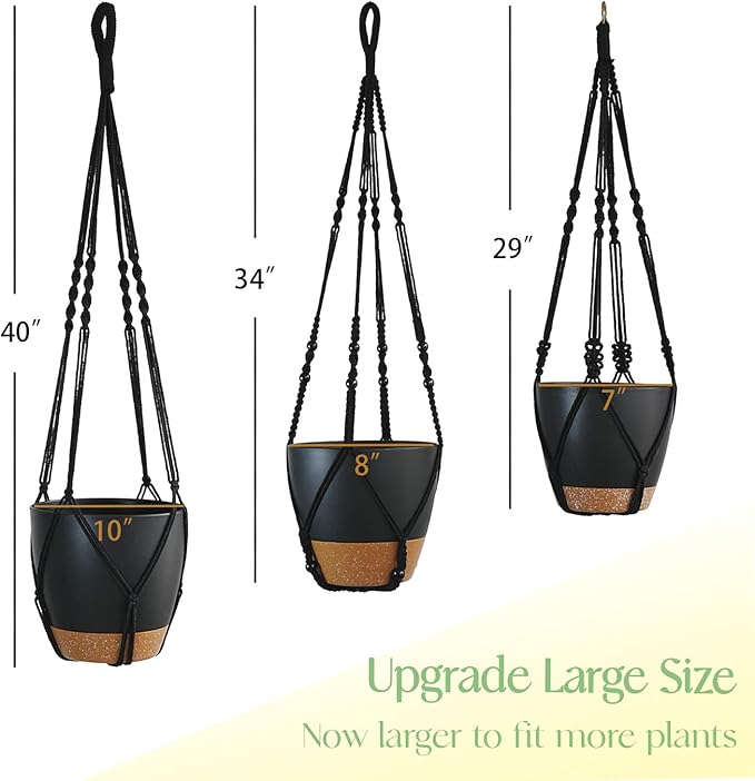 3 Pack Self Watering Hanging Planters Macrame Plant Hangers with Indoor Flower Pots 10" / 8" / 7", 3 Different Size Hanging Basket, Plant Hanger with Hooks for Garden Home Decor Black Large