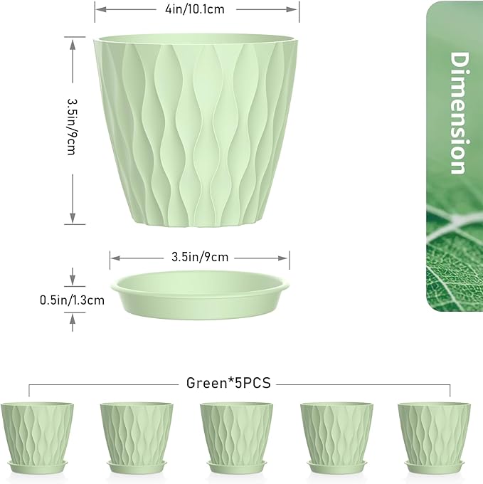 4 inch Small Plastic Nursery Pots, 5 Pack Water Ripples Plant Pots for Indoor Plants, Flower Pots with Drainage Holes and Saucers, Seeding Starter Planters for Decorative, Green