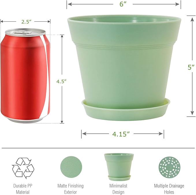 WOUSIWER 16 Pack 6 inch Plastic Planters, Indoor Flower Pots, Heavy Duty and Stylish 6 Inch Plant Pots for Indoor Plants with Drainage Holes and Tray for Plants, Flowers, Colorful