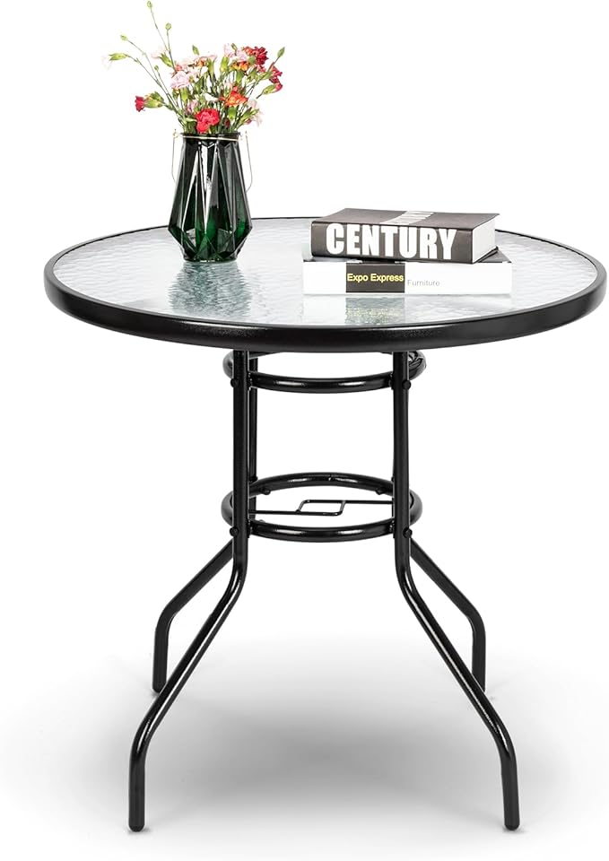 VINGLI Round Patio Table with Umbrella Hole, 32" Outdoor Dining Table Steel Tempered Glass Patio Tables Round Outdoor Tables for Balcony Garden Deck