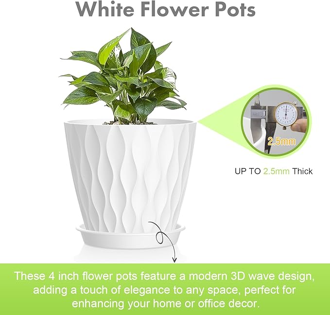 4 inch Small Plastic Nursery Pots, 5 Pack Water Ripples Plant Pots for Indoor Plants, Flower Pots with Drainage Holes and Saucers, Seedling Starter Planters for Succulent Plants, White
