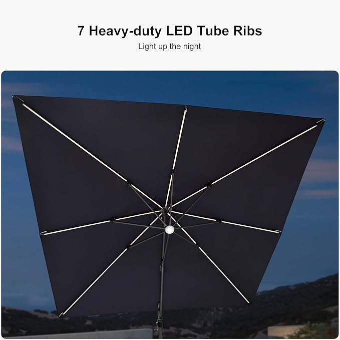 PURPLE LEAF 10 Feet Patio Umbrella with Base Outdoor Cantilever Solar Powered LED Square Umbrella Aluminum Offset Umbrella with 360-degree Rotation for Garden Deck Pool Patio Navy