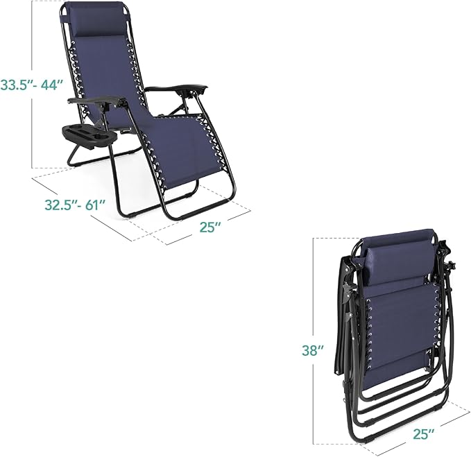 Best Choice Products Set of 2 Adjustable Steel Mesh Zero Gravity Lounge Chair Recliners w/Pillows and Cup Holder Trays - Navy Blue