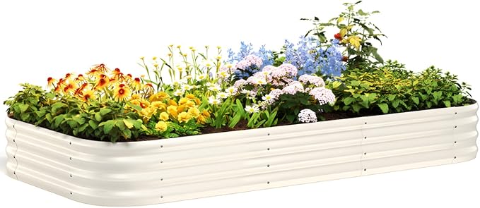 Quictent Galvanized Raised Garden Bed Kit, 8x4x1 ft Oval Metal Planter Box for Vegetables, Strengthened by Crossbar, Beige