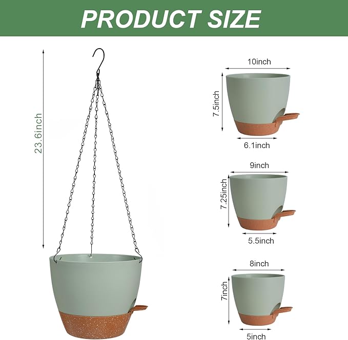 10/9/8 Inch Hanging Planter for Indoor Outdoor Plants, 3 Pack Self-Watering Hanging Pot with Drainage Holes Hanging Planter Baskets Plant Pots with Removable Tray (Green+Brown)