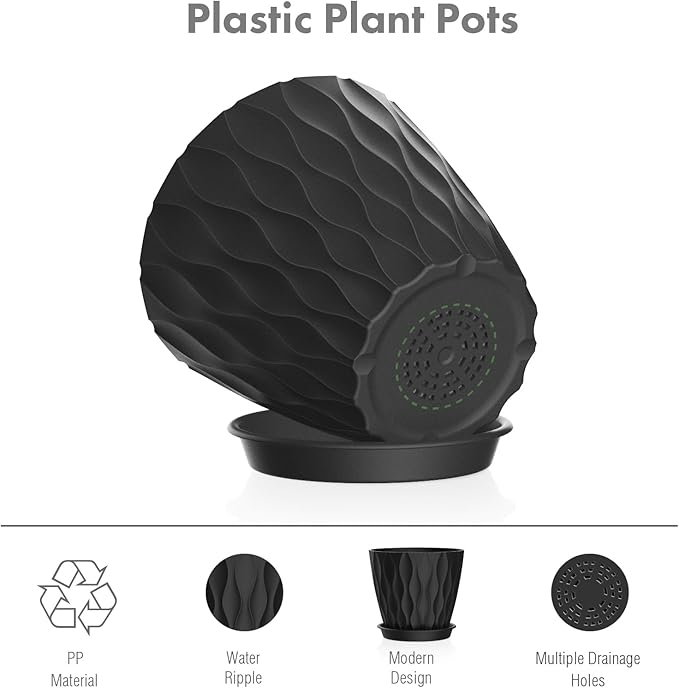 6 inch Plant Pots, 5 Pack Flower Pots for Indoor Outdoor Plants, Water Ripples Plastic Planters with Drainage Holes and Saucers, Nursery Pots for Small Succulent Garden House Plants, Black