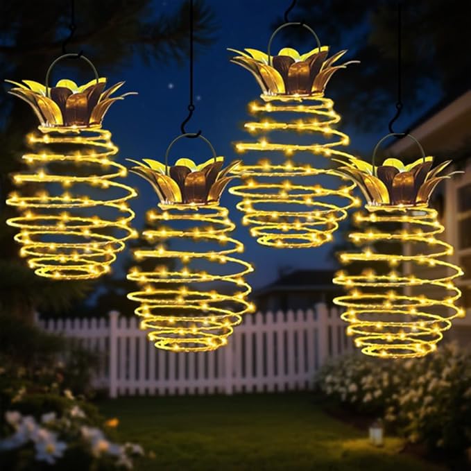 4 Pack Outdoor Solar Hanging Lantern Lights - 60LED Waterproof Solar Pineapple Light Outdoor for Garden,Yard Porch Lawn Backyard Landscape Pathway Patio Outside Gardening