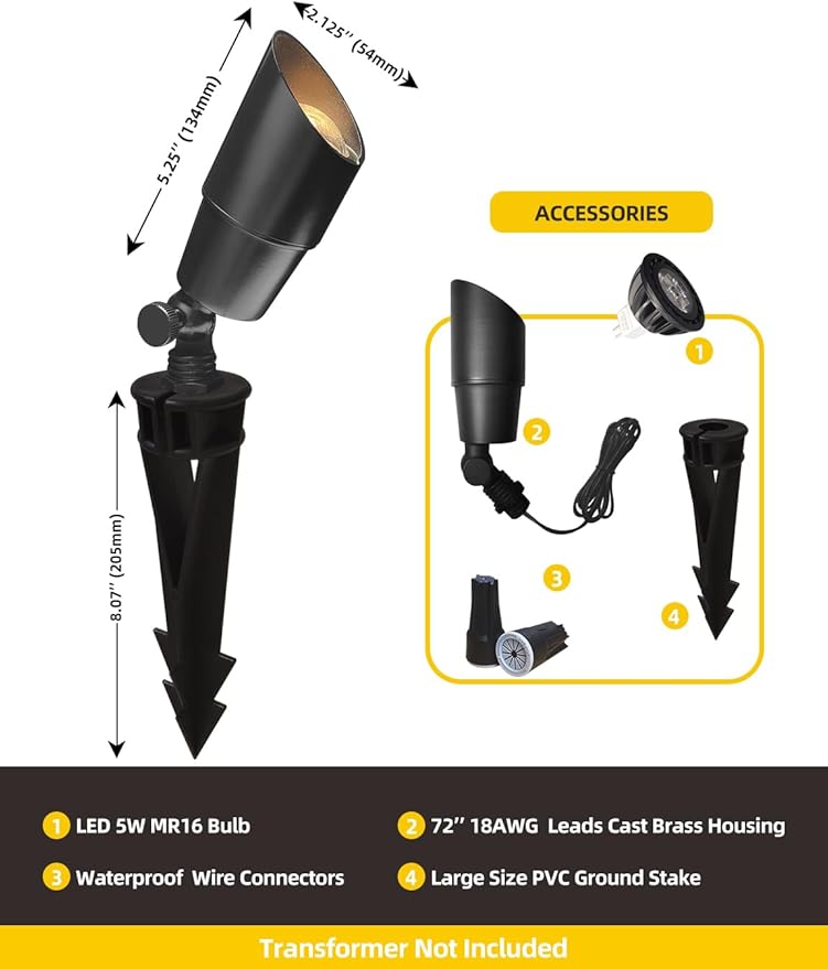 COLOER Brass Low Voltage Landscape Spotlight(Black) 12-Pack with 5W Aluminum Housing MR16 LED Bulb 2700K 450LM CRI85+,12V AC/DC Outdoor Uplighting, Directional Garden Patio Spot Up Light(101B-Black)