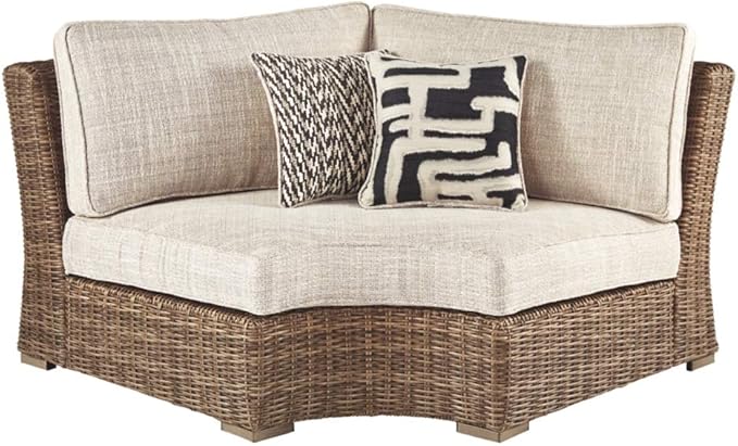 Signature Design by Ashley Beachcroft Outdoor Curved Corner Chair with Cushion, 2 Pillows, Performance Fabric, Resin Wicker, 18.5" Seat Height, Beige