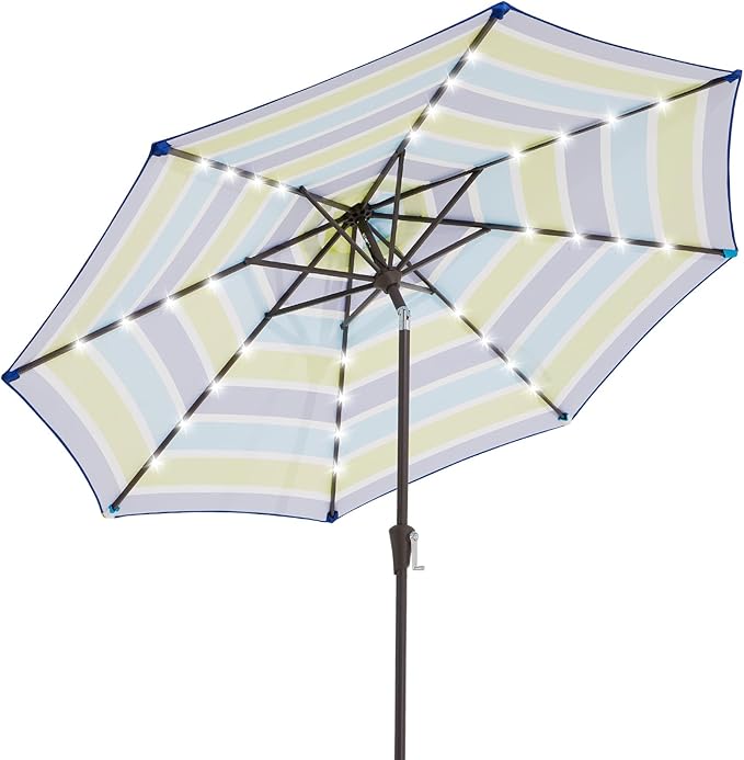 JEAREY 9FT Outdoor Patio Umbrella with Solar Lights, LED Lighted Pool Umbrella with Tilt and Crank, Outdoor Table Umbrellas for Deck, Yard & Market (Blue Green Striped)