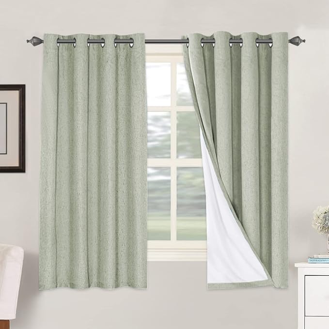 H.VERSAILTEX Linen Blackout Curtains 63 Inches Long 100% Absolutely Blackout Thermal Insulated Textured Linen Look Curtain Draperies Anti-Rust Grommet, Energy Saving with White Liner, 2 Panels, Sage