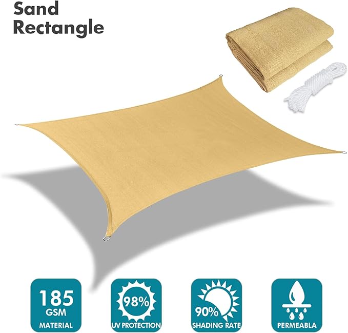 KANAGAWA 10'X15' Sand Custom Size Sun Shade Sail Rectangle UV Block Canopy Cover for Patio Backyard Lawn Garden Outdoor (Customized Available)
