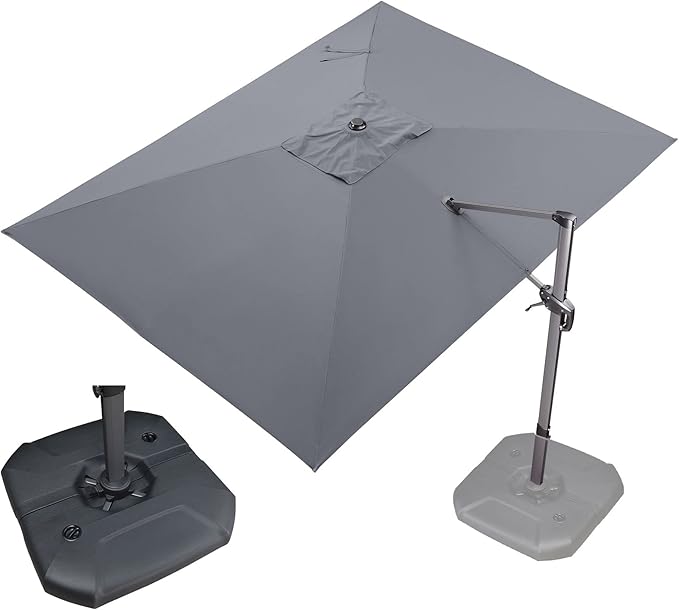 PURPLE LEAF 9' X 11.5' Patio Umbrella with Base Outdoor Cantilever Rectangle Umbrella Offset Umbrella with 360-degree Rotation for Garden Deck Pool Patio, Grey