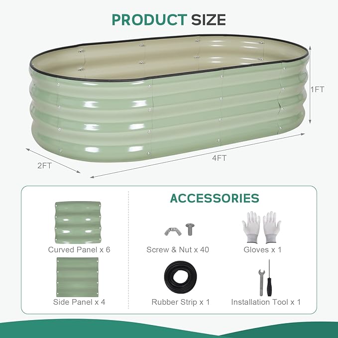 Galvanized Raised Garden Bed Outdoor - 4×2×1ft Planter Raised Beds for Gardening | Oval Metal Garden Planter Box with Safety Edging and Gloves for Vegetables Fruits Flowers - AvocadoGreen