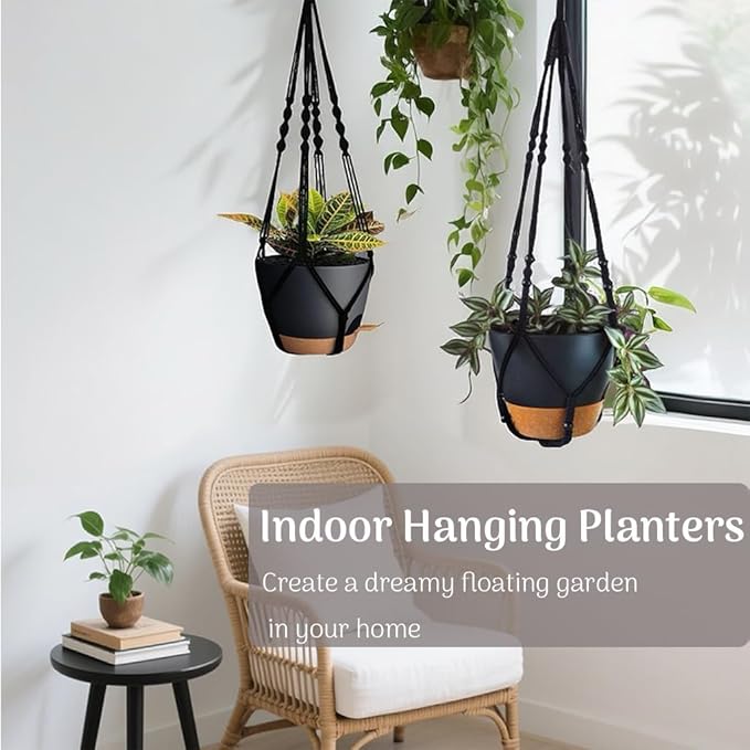 3 Pack Self Watering Hanging Planters Macrame Plant Hangers with Indoor Flower Pots 10" / 8" / 7", 3 Different Size Hanging Basket, Plant Hanger with Hooks for Garden Home Decor Black Large