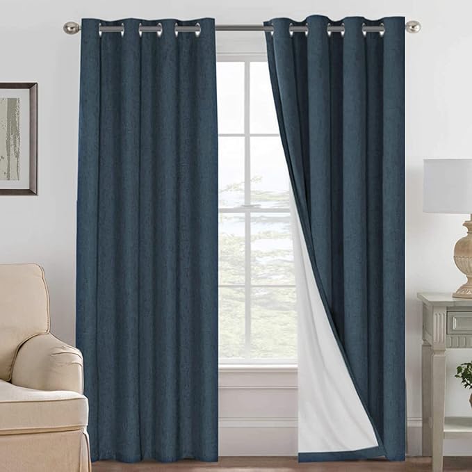 H.VERSAILTEX Linen Blackout Curtains 96 Inches Long 100% Absolutely Blackout Thermal Insulated Textured Linen Look Curtain Draperies Anti-Rust Grommet, Energy Saving with White Liner, 2 Panels, Navy