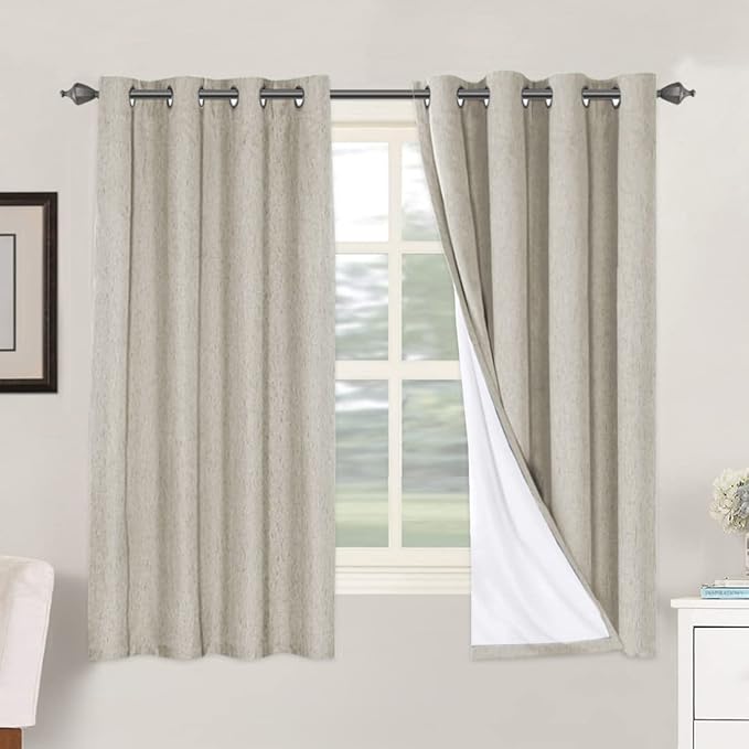 H.VERSAILTEX 100% Blackout Curtains for Bedroom Thermal Insulated Linen Textured Curtains Heat and Full Light Blocking Drapes Living Room Curtains 2 Panel Sets, Cobblestone, 52x63 Inch