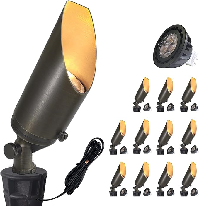 COLOER Brass Landscape Spotlights,12 Pack Spotlight Fixture Outdoor with 5W Aluminum Housing MR16 LED Bulb 2700K 450LM,12V AC/DC Low Voltage Landscape Lighting, Uplight for Garden and Patio(103B)