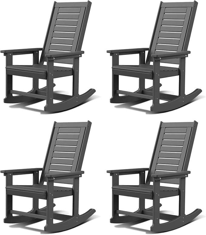 GREENVINES Outdoor Rocking Chairs | Set of 4 | Porch Rocker | HDPE Plastic | Grey | Oversized Rockers | High Back | Big & Tall | Ladder Back | for Patio Outside Backyard Balcony Garden