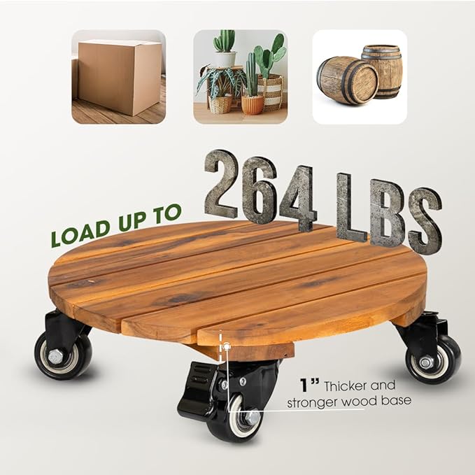 Idzo 2pack 12inches Wood Plant Caddy with Wheels Heavy Duty, 264 Lbs Capacity, Acacia Hardwood Plant Dolly, Plant Stand with 360° Lockable Wheels for Plant Pots, Heavy Objects Hauling - Natural Wood
