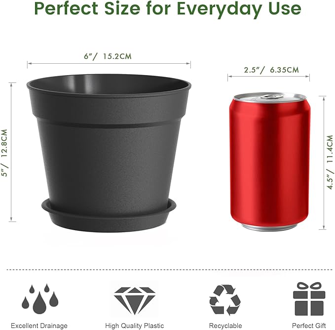 10 Pack 6 Inch Plant Pots with Drainage and Saucers, Black Plastic Flower Pots for Indoor and Outdoor Plants, Stackable Nursery Planters for Houseplants and Herbs, Black