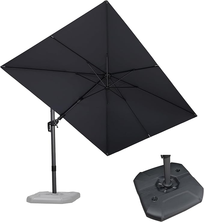 PURPLE LEAF 8.2' X 11.5' Tilting Patio Umbrella with Base Outdoor Cantilever Swivel Rectangle Umbrella Offset Umbrella with 360-degree Rotation for Garden Deck Pool Patio Light Grey