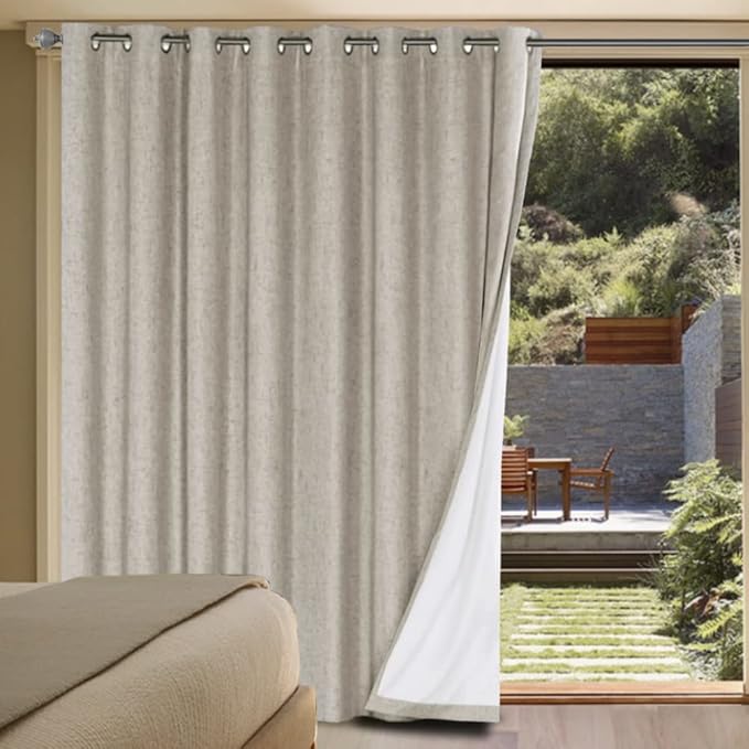 H.VERSAILTEX Linen Blackout Curtains Durable Thick Textured Linen Look 100% Blackout Patio Door Curtain Anti Rust Grommet Extra Wide Sliding Door Curtain Panel, W100 x L84 inch - Stone
