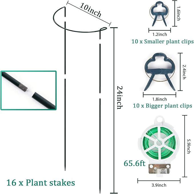 16 Pack 24 inch Plant Support Stakes, Half Round Peony Cage and Support, Adjustable Plant Support Stand with Clips & Twist Tie Garden Stakes for Indoor Outdoor, Heavy Duty Plant Support Ring