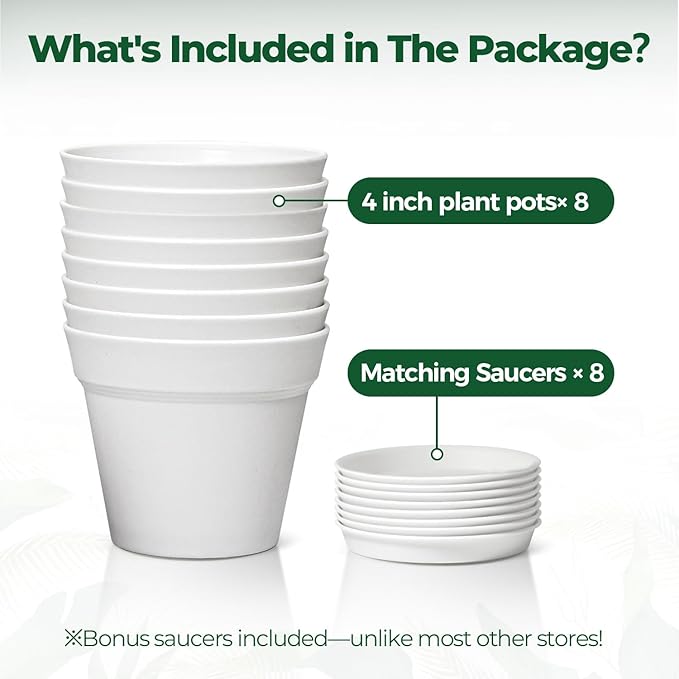 T4U 4 Inch Plant Pots 8-Pack, Small Flower Pots with Drainage Hole and Saucer, Decorative Nursery Pot Bulk for African Violet, Snake Plant, Succulent, Herb and Plants Indoor (8 Pcs 4" Pots, White)