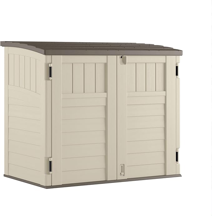 Suncast 34 Cu Ft Horizontal Resin Plastic Storage Shed - Outdoor Storage Shed with Floor Included, Lockable, Weatherproof, Fits Small to Medium Trash Cans, Generators, & Garden Tools, Vanilla Stoney