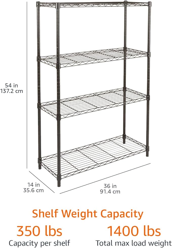 Amazon Basics 4-Shelf Adjustable Heavy Duty Steel Wire Rack Storage Shelving, Sturdy Garage Shelving, 350 lbs Capacity Per Shelf, Easy No-Tool Assembly, 36" x 14" x 54", Black | Heavy Duty, Adjustable, for Kitchen, Garage, Storage, Shelving Organizer