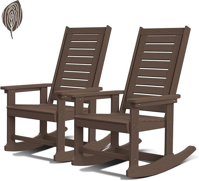 GREENVINES Outdoor Rocking Chairs | Set of 2 | Porch Rocker | HDPE Plastic | Wood Grain | Oversized Rockers | High Back | Big & Tall | Ladder Back | Dark Brown | for Patio Outside