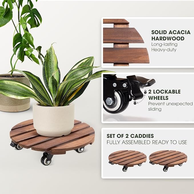 Idzo 2-Pack 14 Inch Acacia Wood Plant Caddy with Wheels – Heavy-Duty Plant Dolly with 264 Lbs Capacity, 360° Lockable Wheels for Large Plant Pots, Heavy Objects, Ideal for Indoor and Outdoor Use