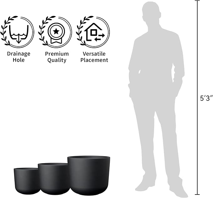 Kante 13",11",9" Dia Black Round Planters (Set of 3), Outdoor Indoor Modern Planter Pots, Lightweight, Weather Resistant, Seamless with Drainage Hole