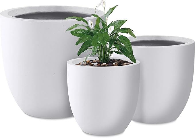 Kante 20",16.5",13.4" Dia Round Concrete Planters (Set of 3), Outdoor Indoor Modern Decorative Plant Pots with Drainage Hole & Rubber Plug for Home & Garden, Pure White