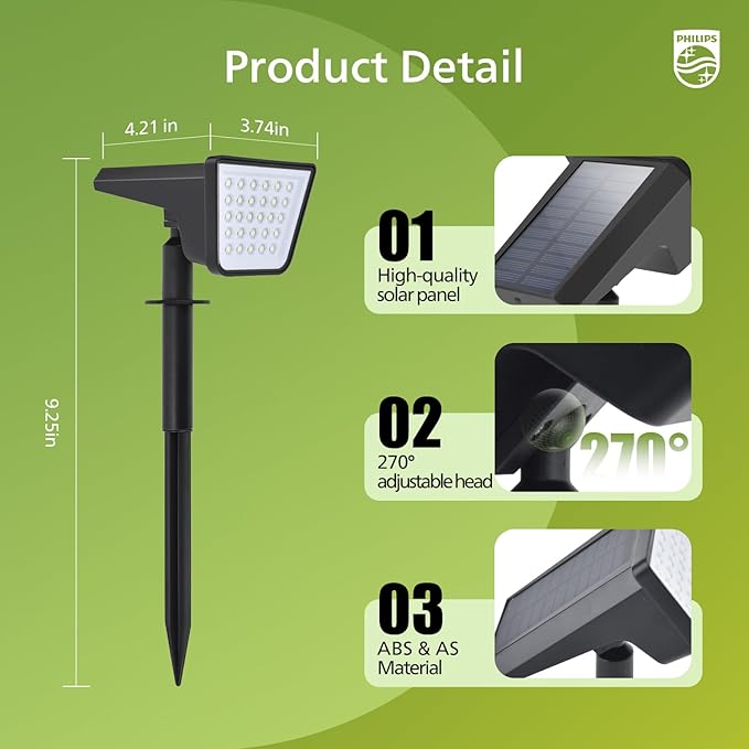 Philips 2 Packs Solar Spot Lights Outdoor Waterproof, 28 LED 7500K Solar Powered Landscape Pathway Lights, Dusk to Dawn Solar Spotlights for Garden, Yard, Lawn, Walkway, Driveway