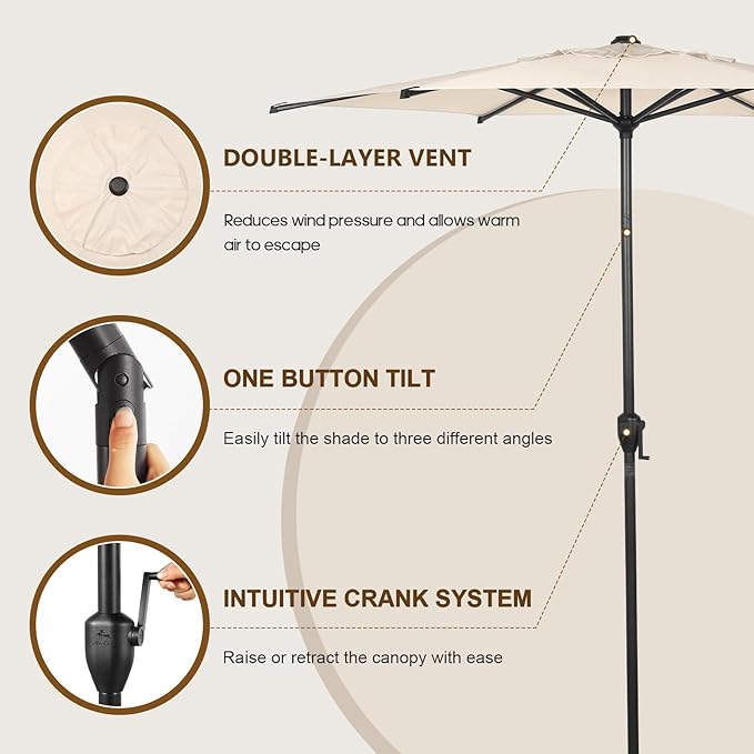 Abba Patio 7.5FT Lyon Outdoor Patio Umbrella Outdoor Table Umbrella with Push Button Tilt and Crank Market Umbrella 6 Sturdy Ribs UV Protection Waterproof for Garden Deck Backyard Pool Beige