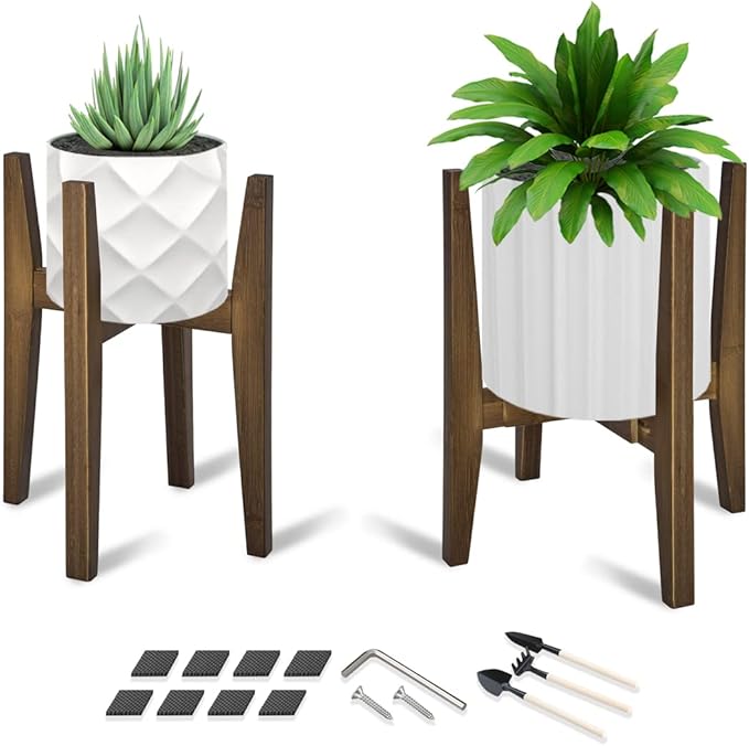 OERGKE 2 PACK Adjustable Plant Stand Indoor, Bamboo Mid Century Modern Plants Stands, Corner Flower Holder for Living Room, Fits 8 to 12 Inches Pots, (Pot & Plant Not Included)(Walnut)