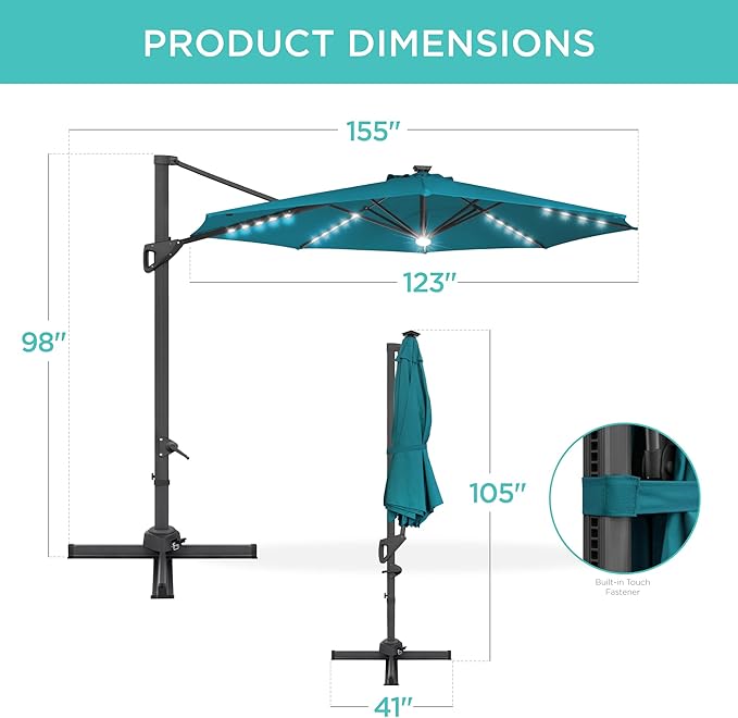 Best Choice Products 10ft Solar LED Cantilever Patio Umbrella, 360-Degree Rotation Hanging Offset Market Outdoor Sun Shade for Backyard, Deck, Poolside w/Lights, Easy Tilt, Cross Base