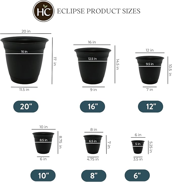 The HC Companies Eclipse Round Planter with Saucer - Outdoor & Indoor Plant Pot with Drainage Holes - Lightweight, UV-Resistant Plastic Pots for Plants, Flowers & Herbs (20" Black, Pack of 1)