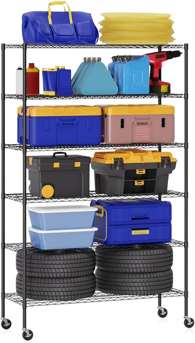 BestOffice | 6-Tier Wire Storage Shelves with Wheels | 48x18x77 | Black | Adjustable Racks | Heavy-Duty Metal Shelf, Holds Upto 600 lbs | No-Tool Assembly | Ideal for Home & Garage Shelving