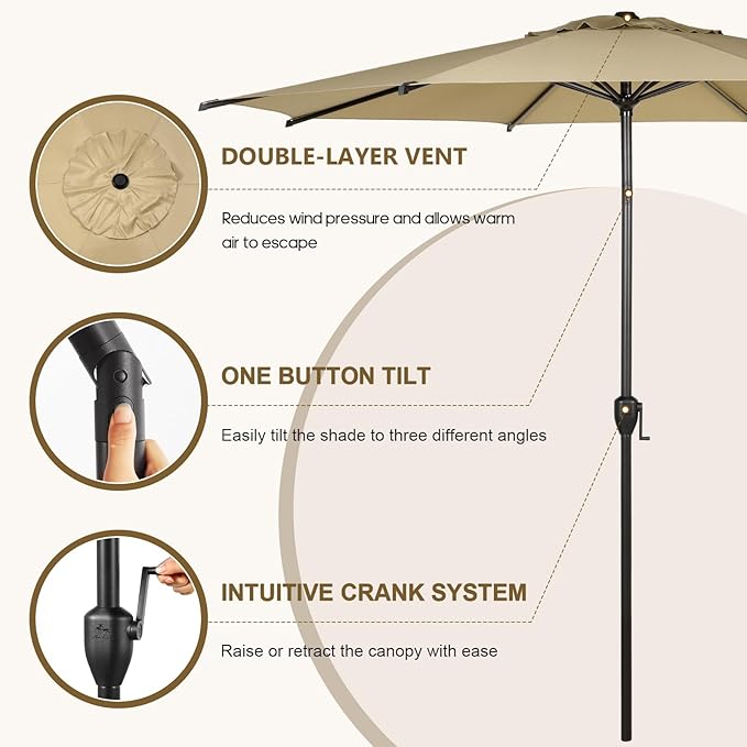 Abba Patio 9FT Lyon Outdoor Patio Umbrella Outdoor Table Umbrella with Push Button Tilt and Crank Market Umbrella 8 Sturdy Ribs UV Protection Waterproof for Garden Deck Backyard Pool Tan