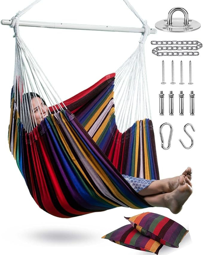 XXL Hammock Chair Hanging Rope Swing with 2 Cushions - Max 500lbs-Perfect for Patio, Porch, Bedroom, Backyard, Indoor or Outdoor - Includes Hanging Hardware Kits Rainbow