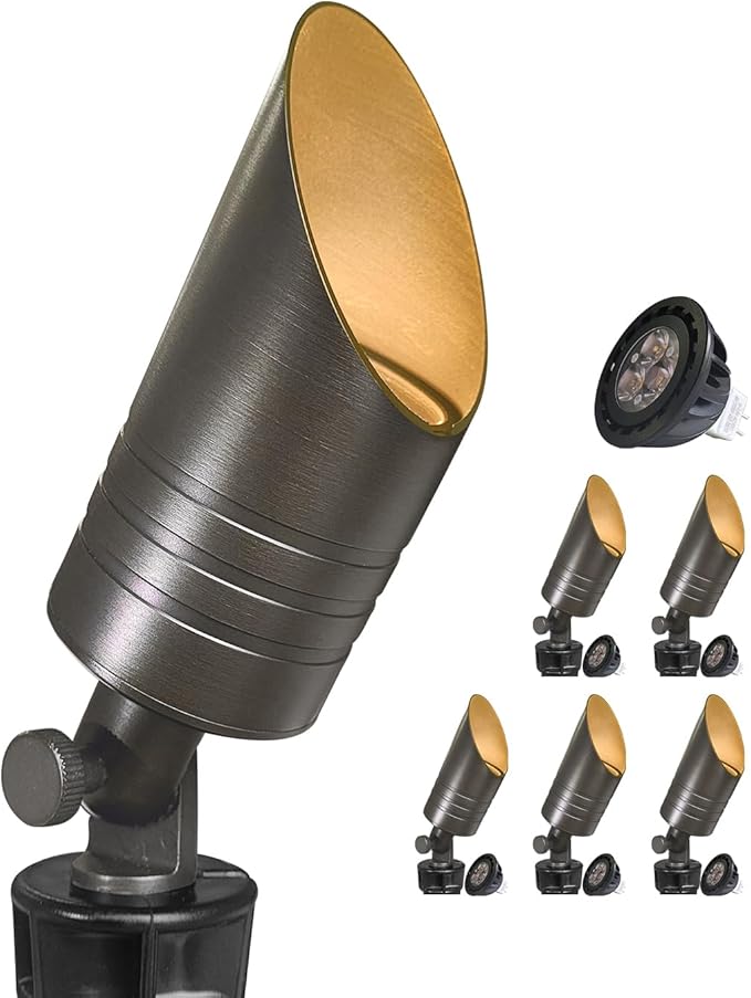 MALORY Brass Outdoor Spot Lights,12V AC/DC Low Voltage LED Landscape Lighting,Waterproof Spot Up Light for Garden,Patio and Yard (S05-Bronze, 6-Pack with Bulb)