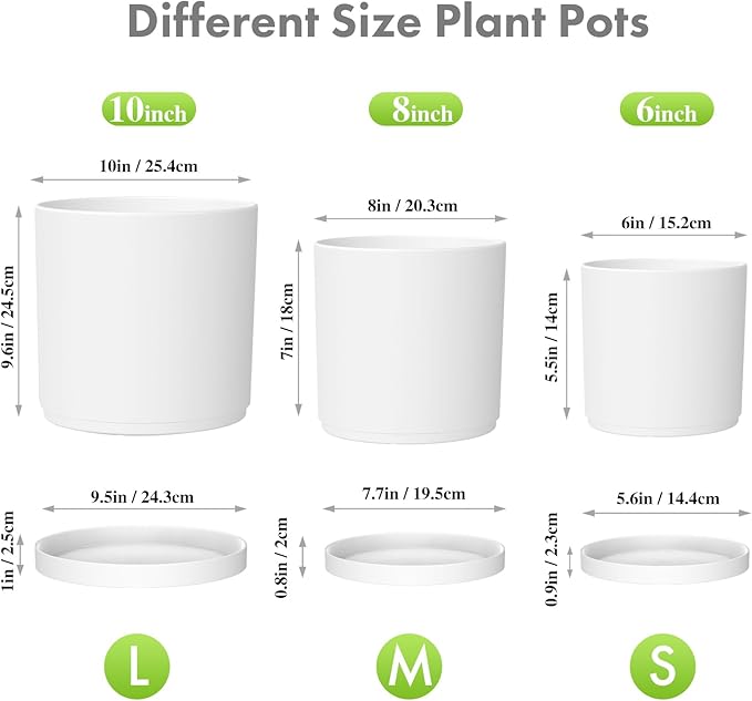 10/8/6 inch Deep Flower Pots, 3 Pack Cylinder Tall Plant Pots for Outdoor Indoor Plants, Large Decorative Plastic Planters with Drainage Holes and Saucers for Garden House Plants, White