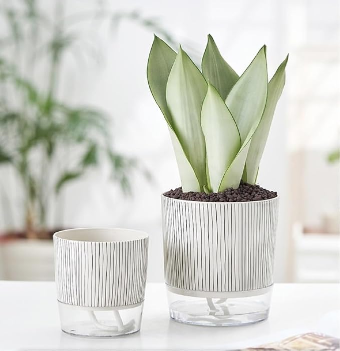 Self Watering Pots for Indoor Plants, Flower Pots, Self Watering Plant Pot-2pcs 4+5.3inch Black Stripes