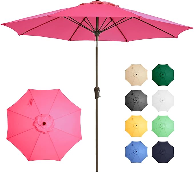Ayge 9FT Large Outdoor Patio Umbrella Market Table Umbrella-UV Resistant, Easy Push Button Tilt and Crank, 8 Sturdy Fiberglass Ribs Heavy-Duty Pool Umbrella for Deck, Backyard,Garden,Rose Pink